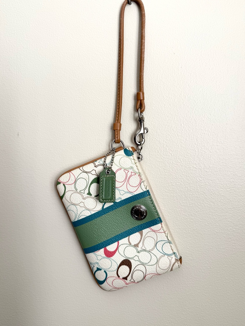 Coach Multicolor Signature Wristlet with Green and Blue Stripe